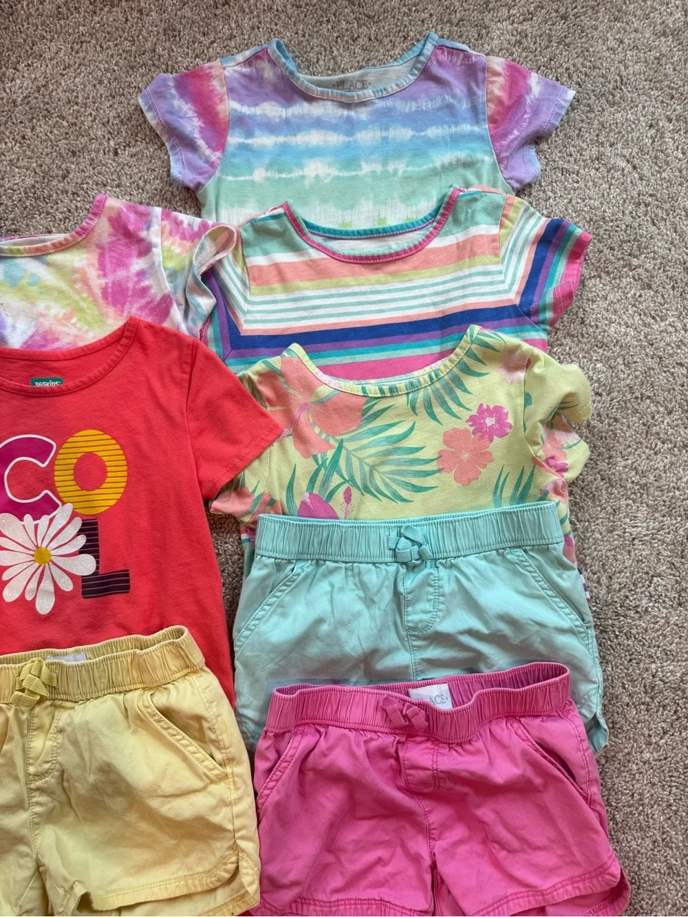 Girls Size 6 Summer Outfit Lot 8 Pieces Graphic Tees & Shorts Tie Dye Stripes